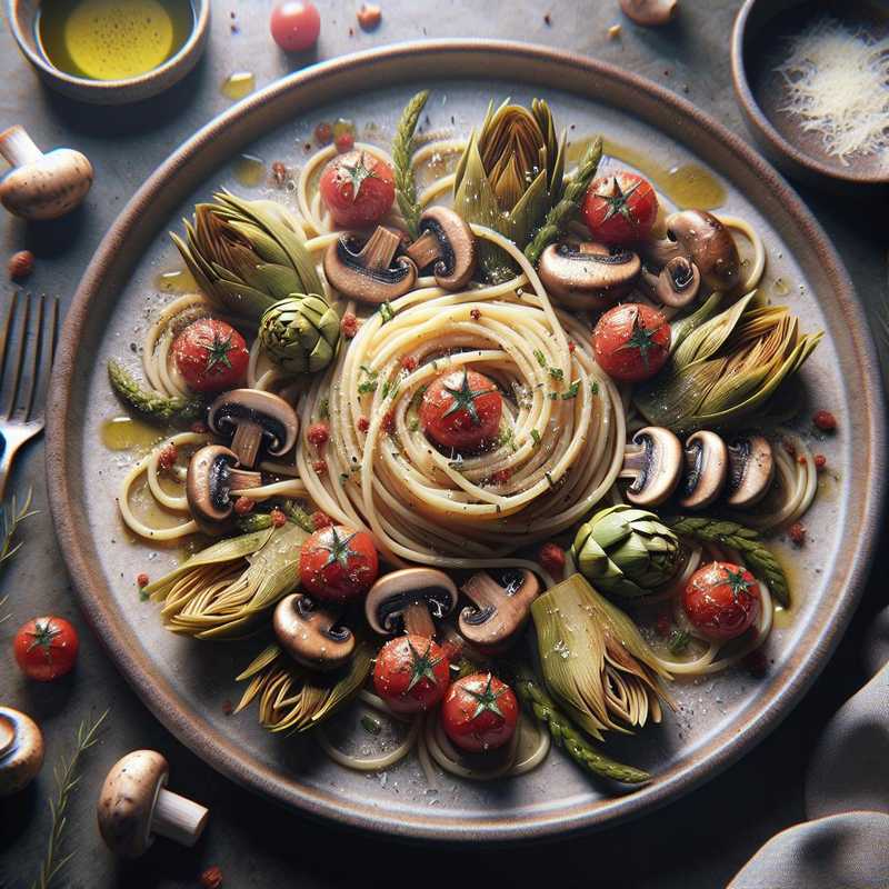 Spaghetti with Mushrooms, Artichokes and Cherry Tomatoes