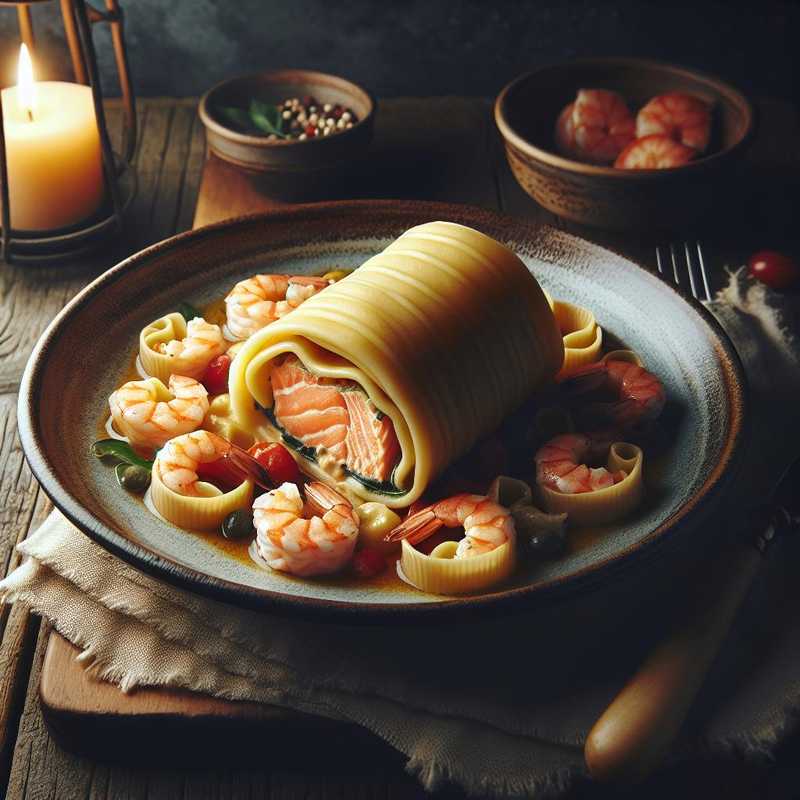 Rotolo di pasta matta con salmone e gamberi