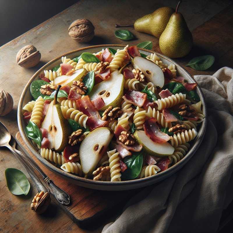 Insalata di pasta con pere, pancetta e noci