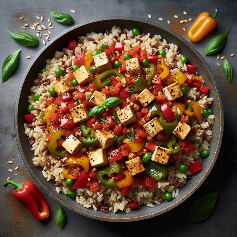 Riso orzo e farro in salsa di peperoni e tofu