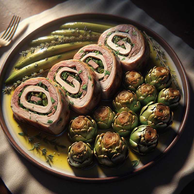 Meat rolls with sautéed artichokes and thyme