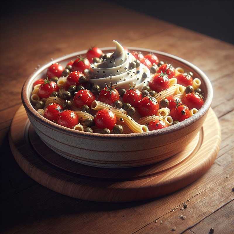 Pasta con datterini, capperi, stracciatella