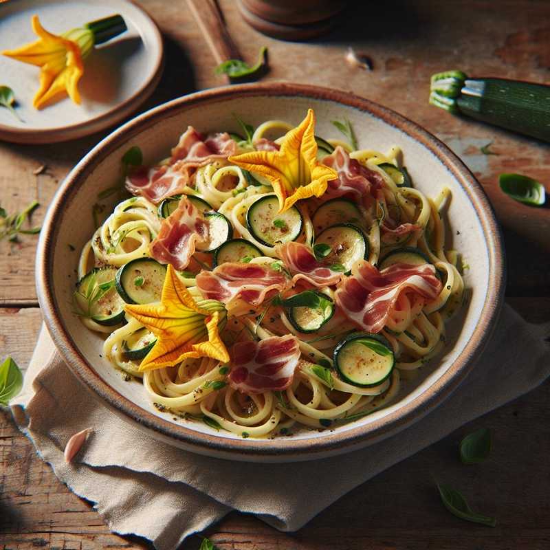 Pasta con zucchine in fiore e speck