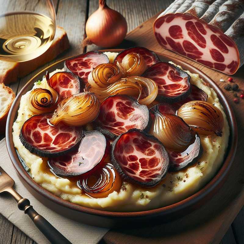 Capocollo, onions, and potato cream