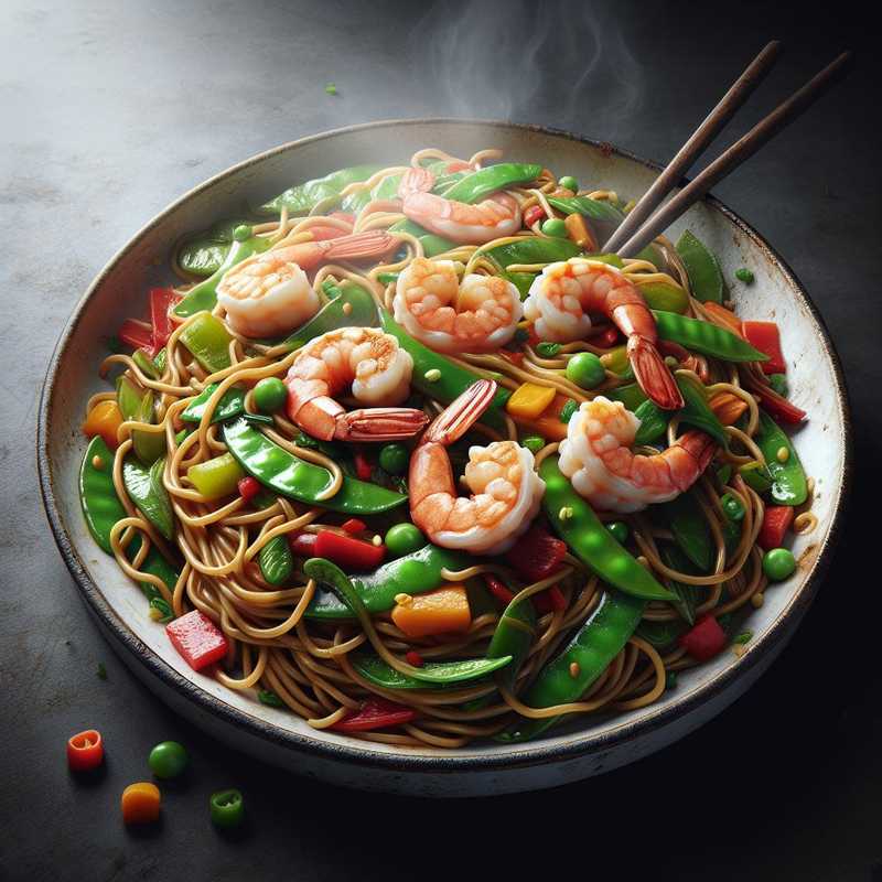 Noodles con gamberi e verdure