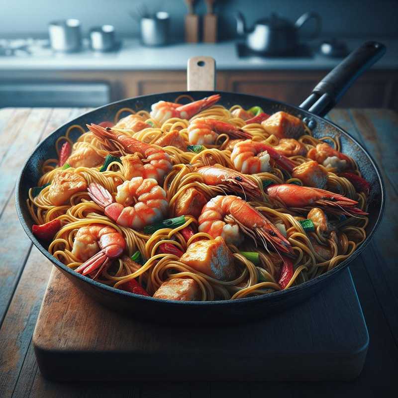 Noodles con pollo e gamberi