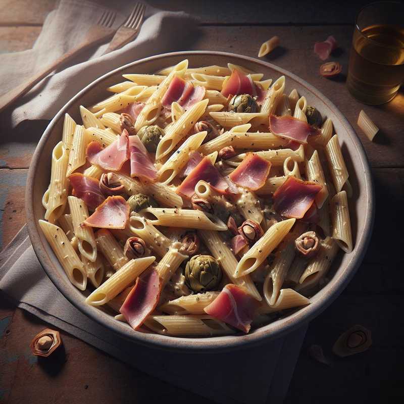 Penne con crema di noci, carciofini e speck