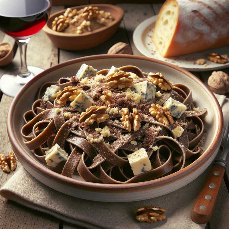 Cocoa tagliatelle, nuts, and gorgonzola