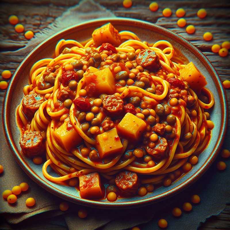 Pasta con ragù di lenticchie e zucca