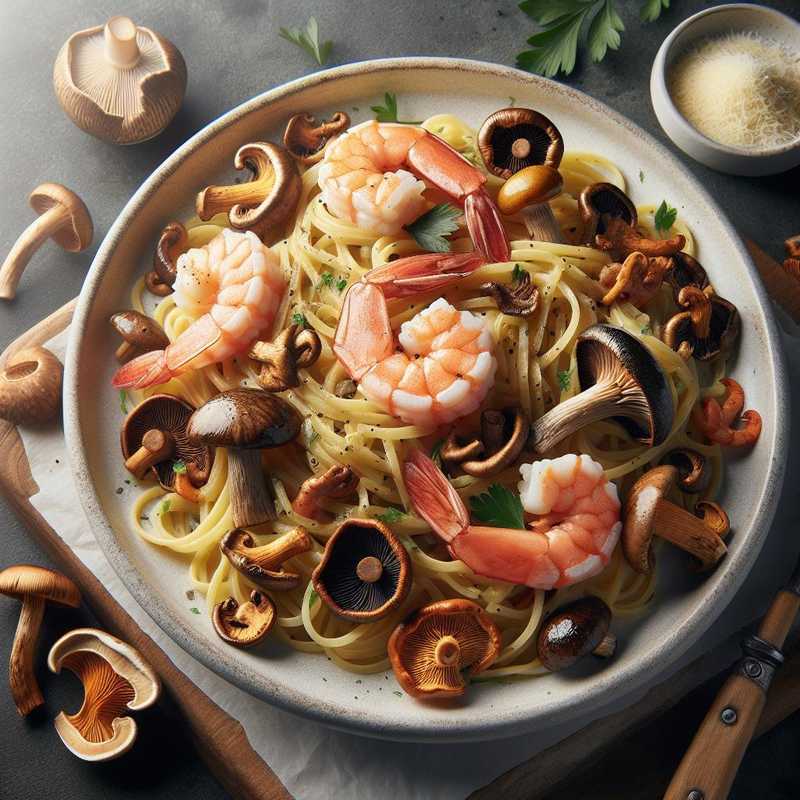 Pasta with mushrooms, shrimp, and salmon