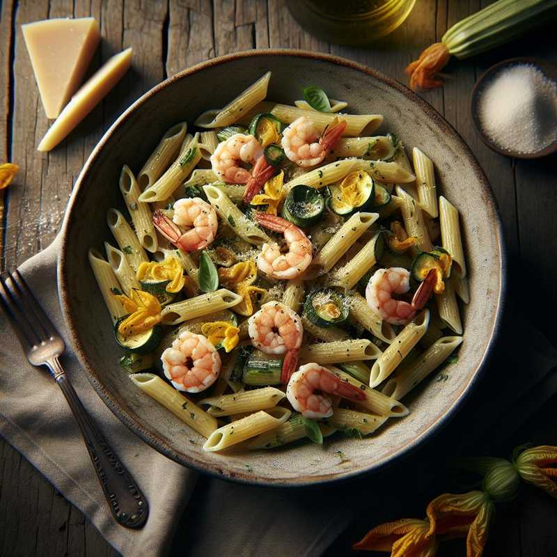 Mezze penne con gamberi e salsa di fiori di zucca