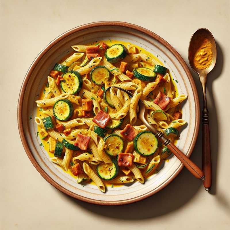 Pasta con zucchine, curry e pancetta