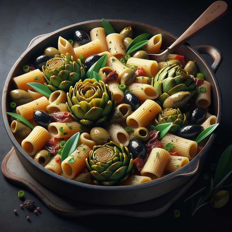 Rigatoni con carciofi, olive e capperi