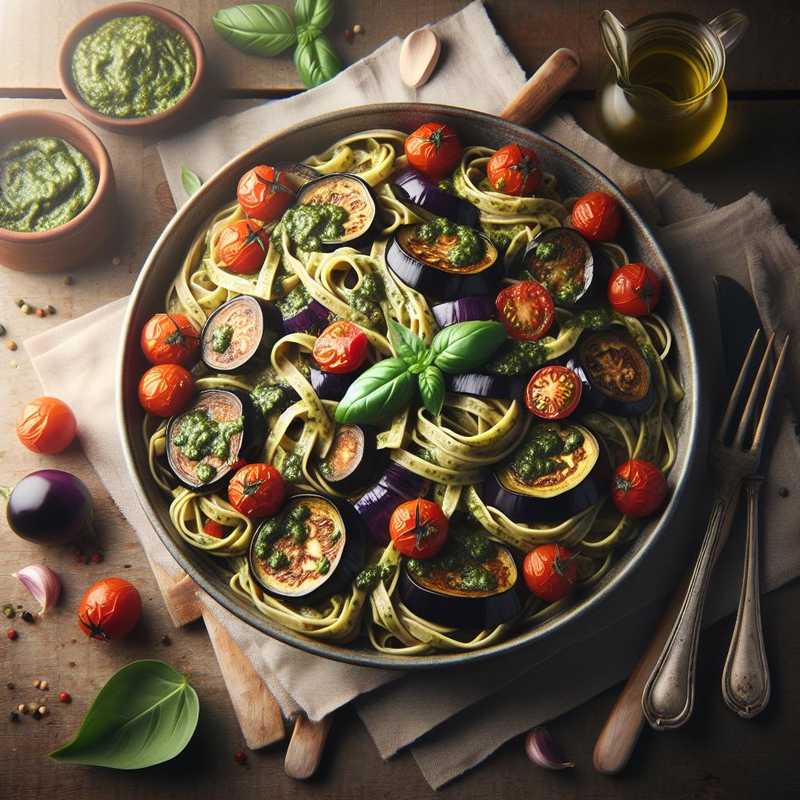 Tagliatelle con melanzane, pesto e pomodorini