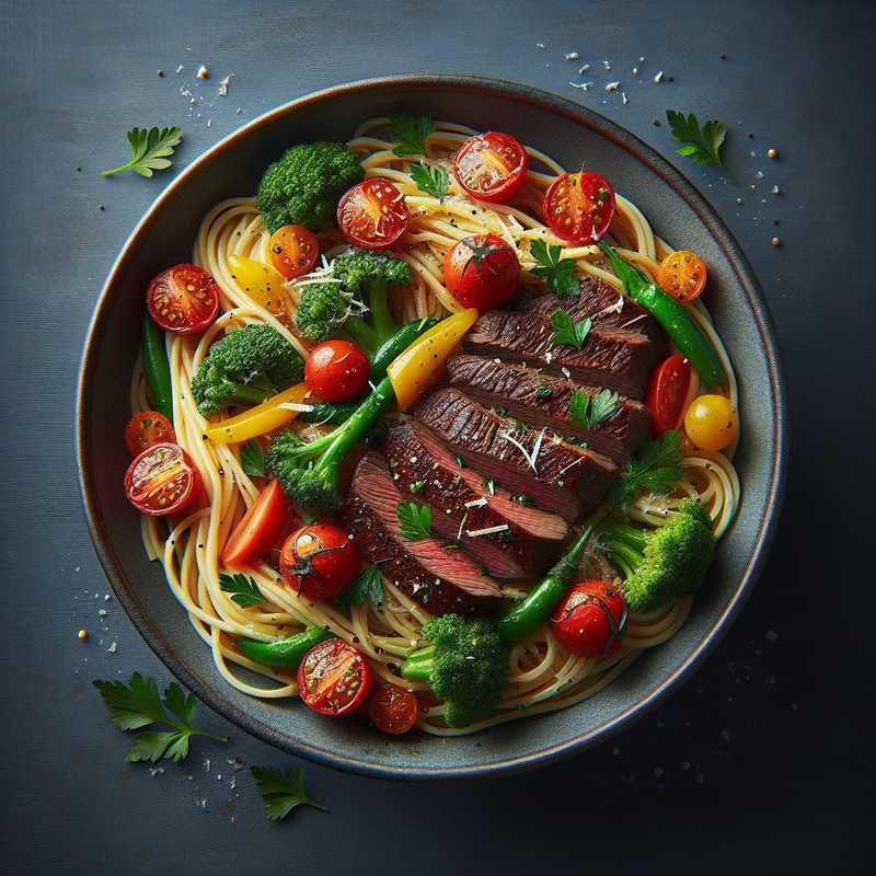 Spaghettini with Marinated Beef and Vegetables