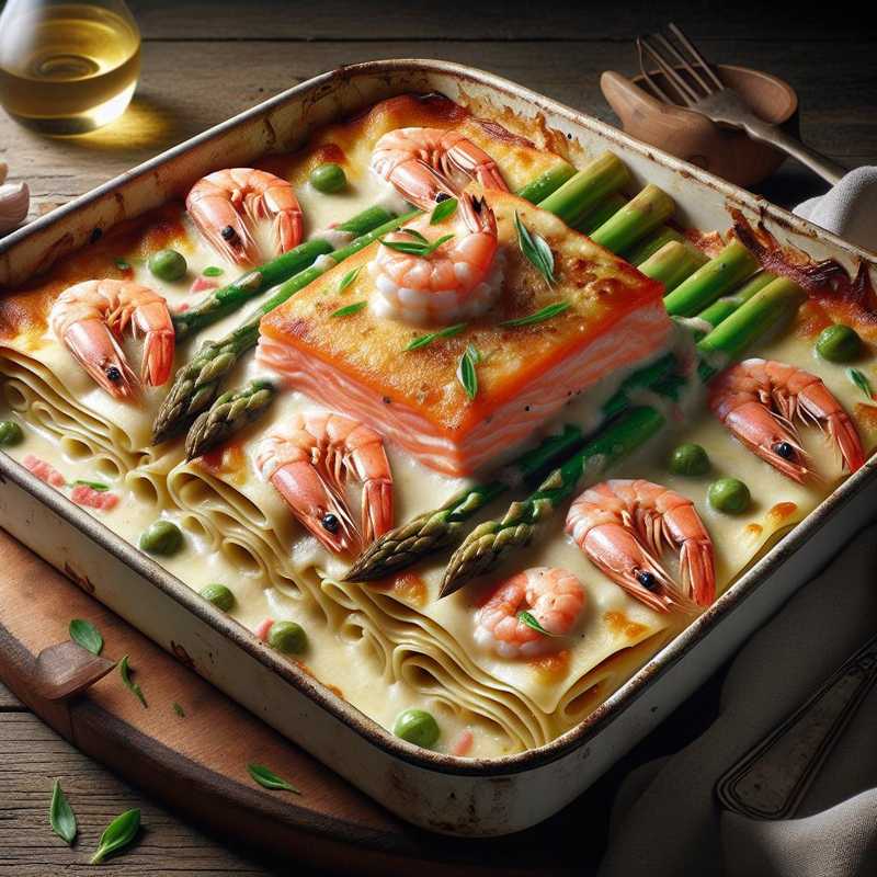 Lasagne al salmone, mazzancolle e asparagi