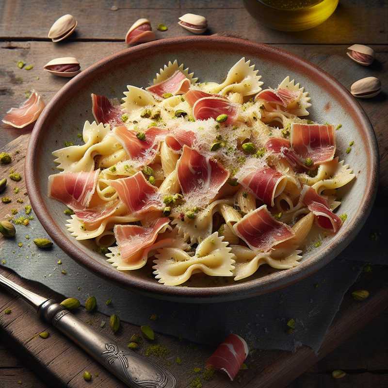 Farfalle con crema di parmigiano, speck e pistacchi