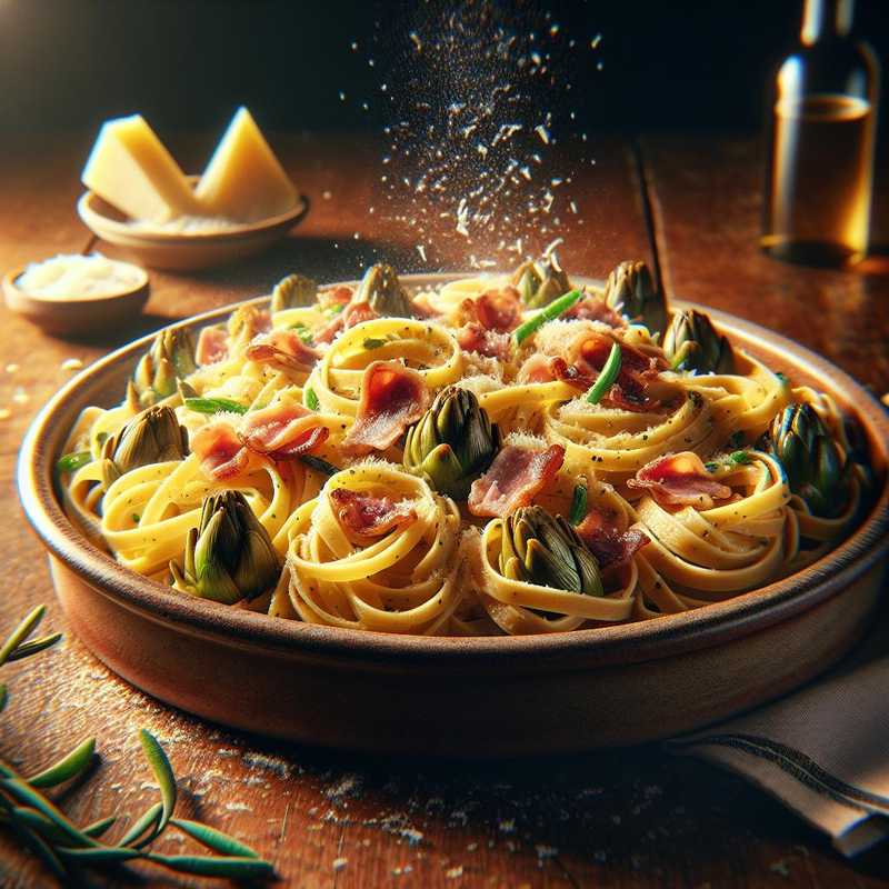 Tagliatelle paglia e fieno con carciofi e pancetta