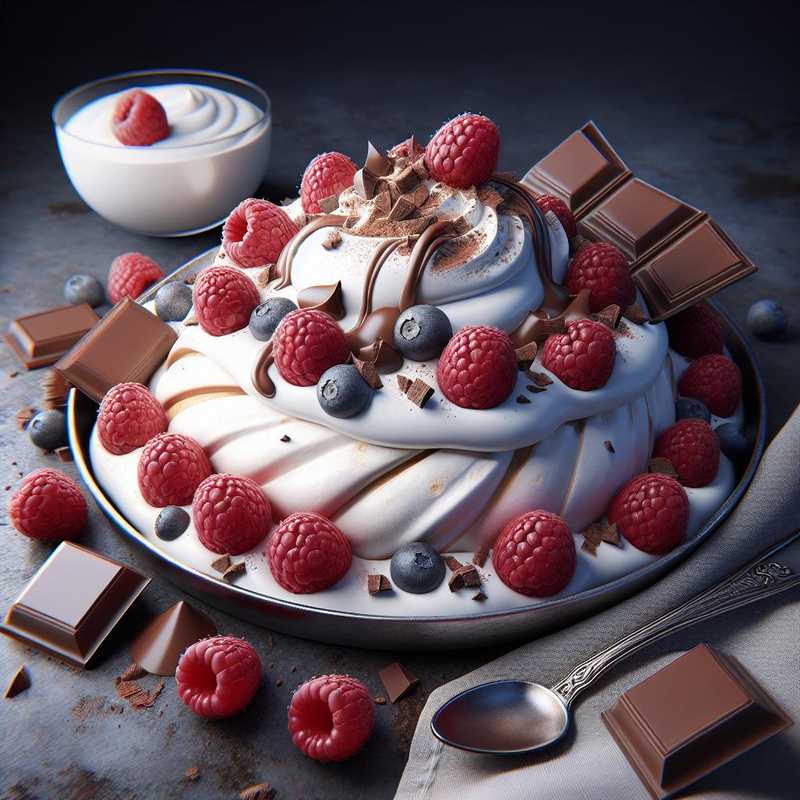 Pavlova allo yogurt, lamponi e cioccolato