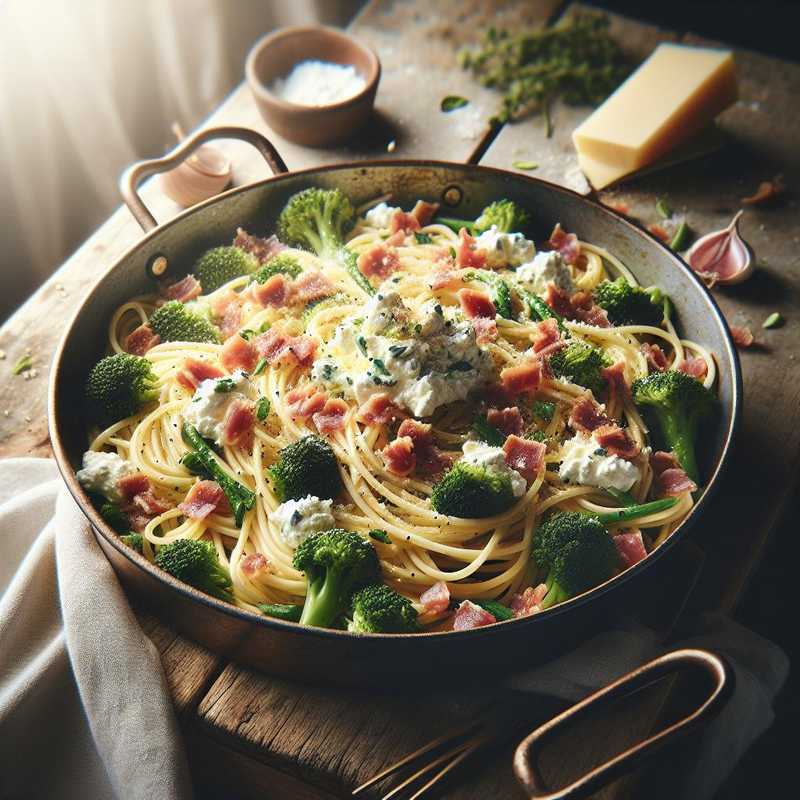 Whole wheat spaghetti with ricotta, broccoli rabe, and crispy speck