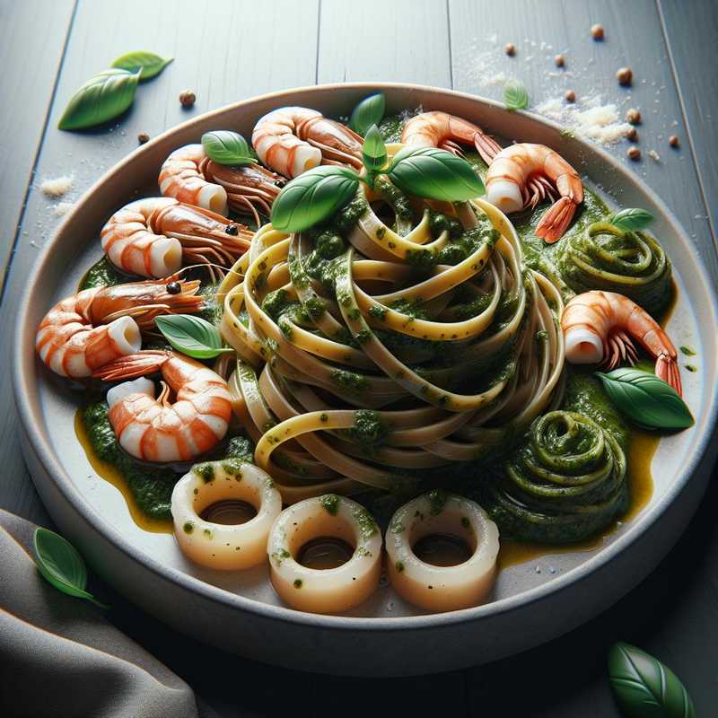 Linguine al pesto rustico, gamberi e calamari