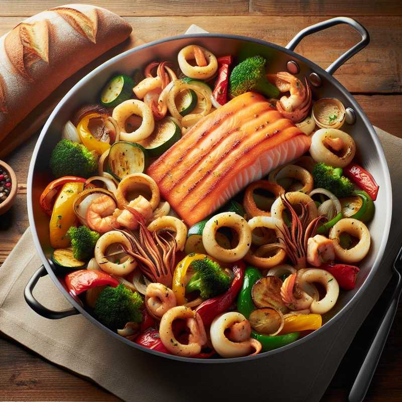 Calamari, salmon and vegetables in a pan