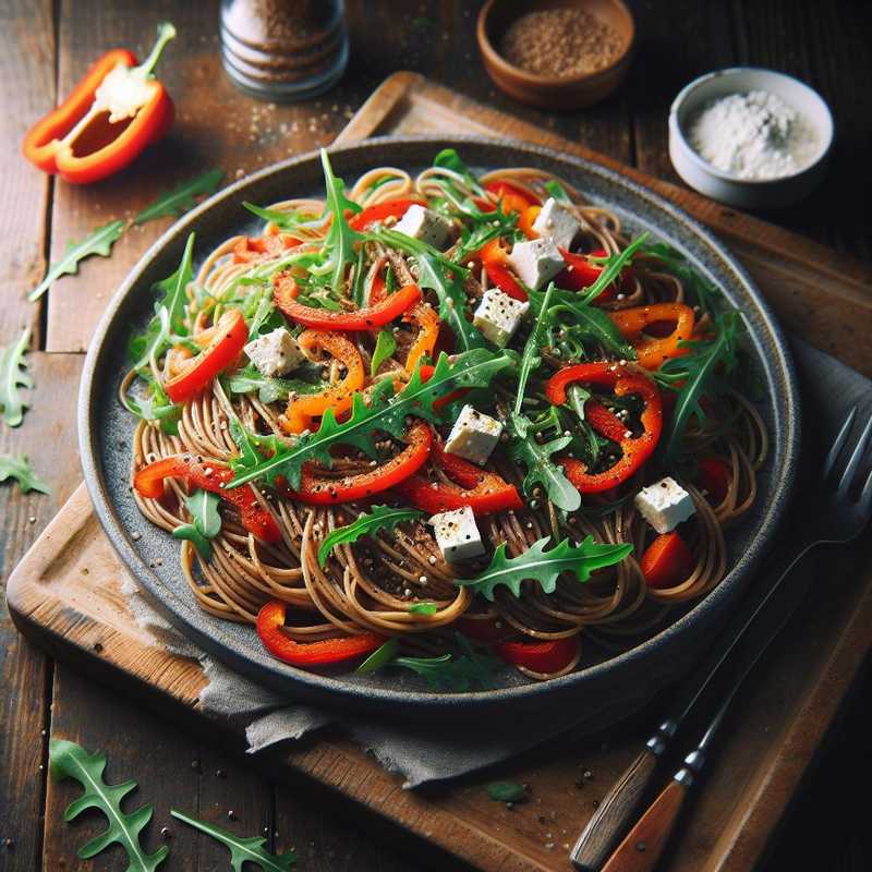 Whole wheat spaghetti with red peppers, arugula, and feta