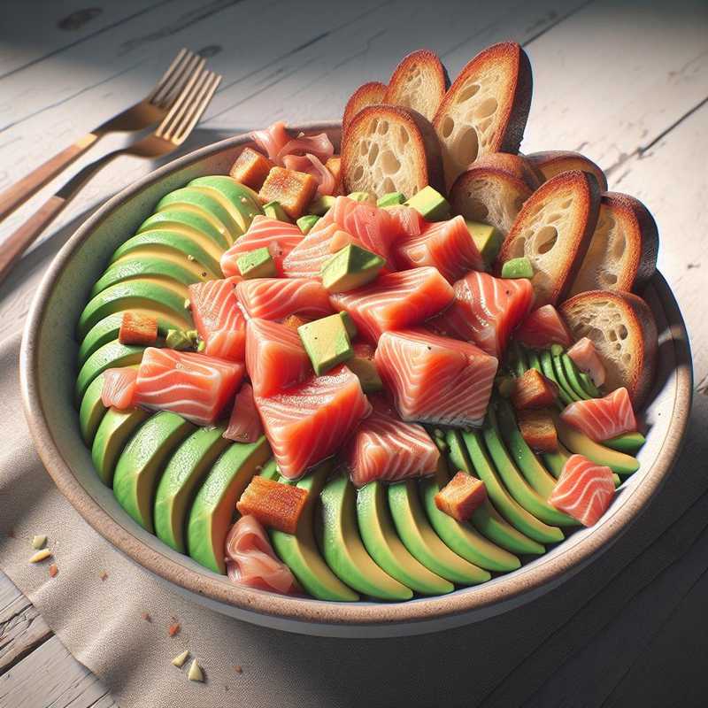 Bowl di salmone, avocado e croccante di pane