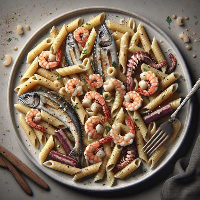 Penne con persico, calamari e gamberi