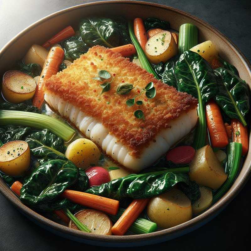 Oven-baked Breaded Cod with Swiss Chard, Potatoes, and Carrots