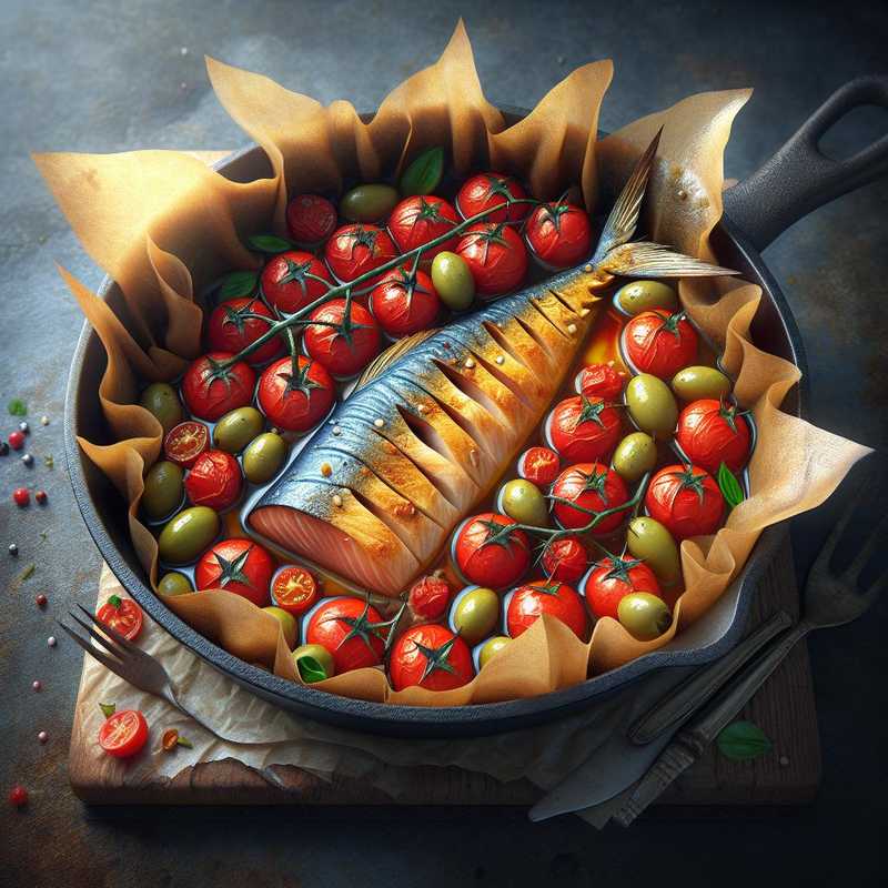 Swordfish Baked in Parchment with Beer, Cherry Tomatoes, and Olives