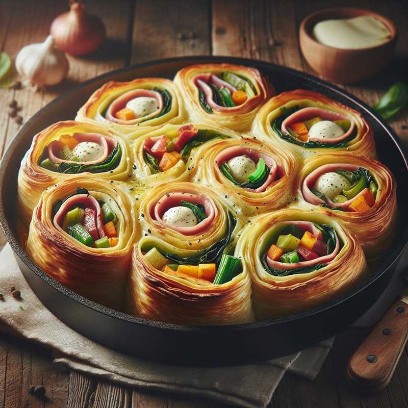 Rotolo di pasta sfoglia con verdure, prosciutto cotto e mozzarella