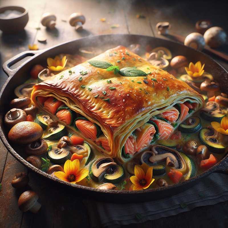 Strudel al salmone, porcini e fiori di zucca