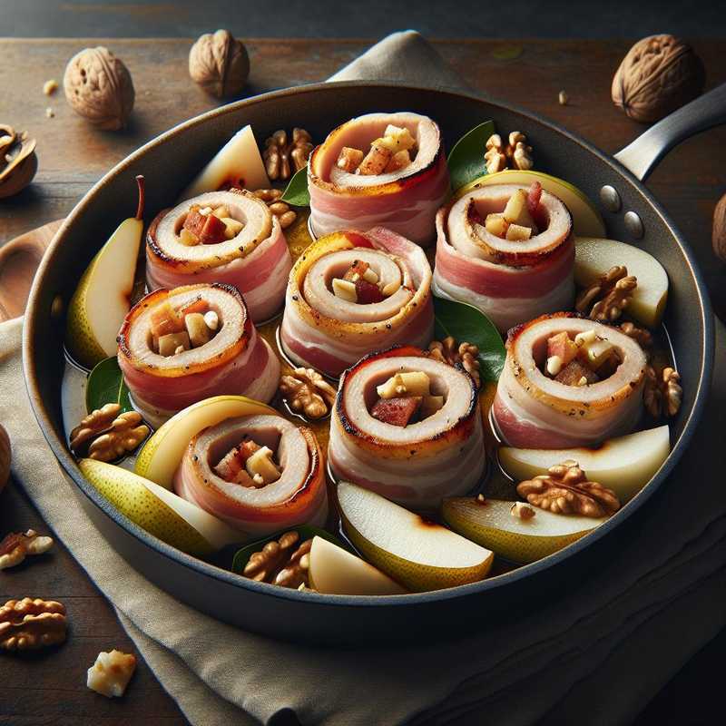 Involtini di lonza con pancetta, pere e noci