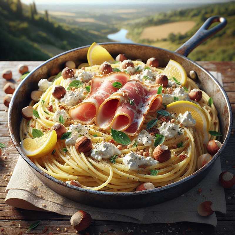 Spaghetti with Ricotta, Lemon, Speck, and Hazelnuts