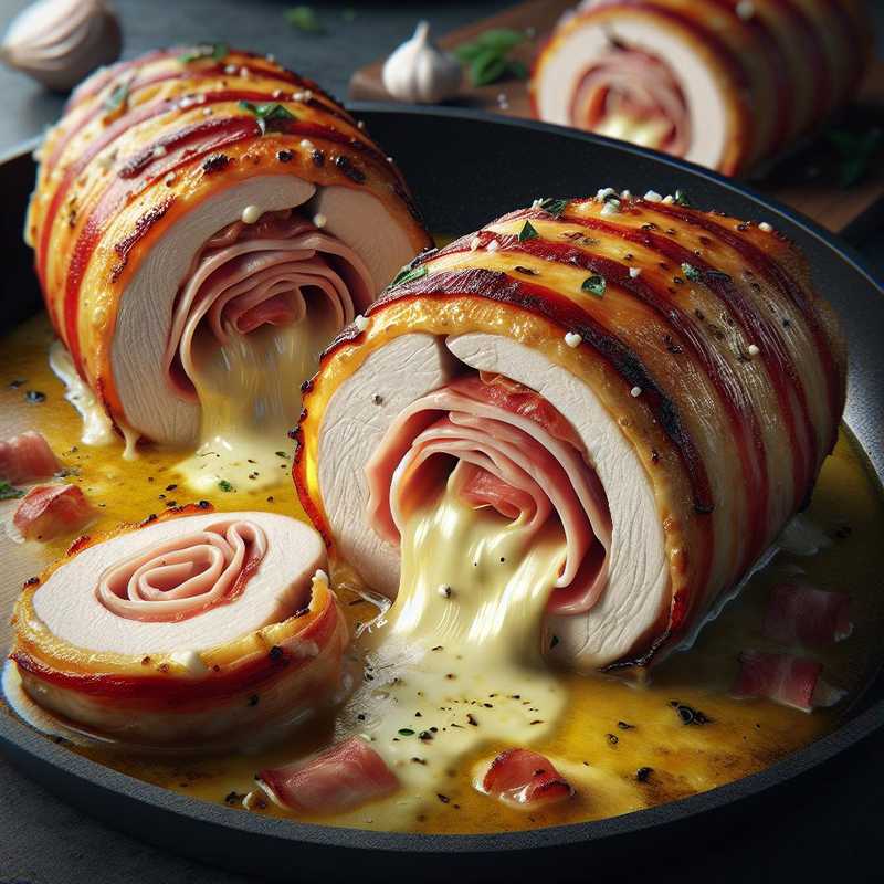 Rotolo di pollo ripieno con prosciutto e formaggio