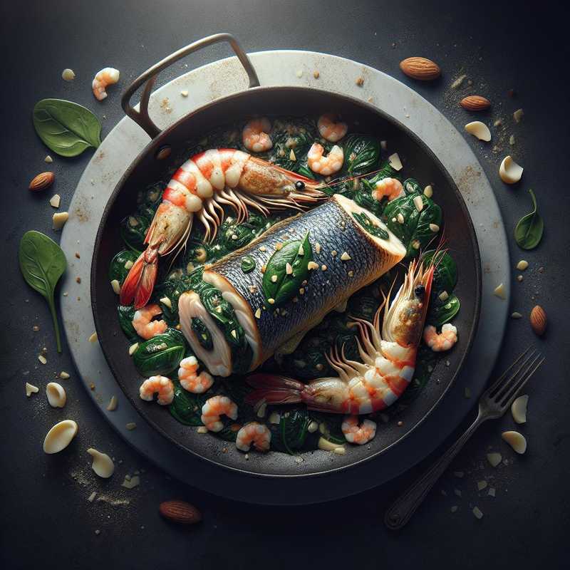 Stuffed Sea Bass with Spinach, Shrimp, and Almonds