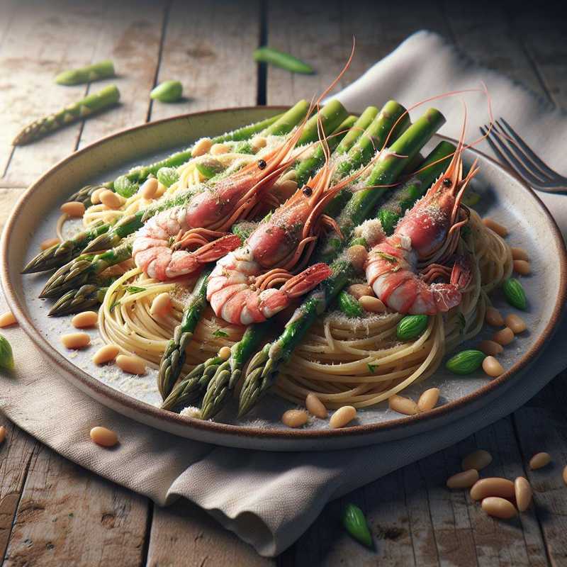 Spaghetti asparagi, pinoli e mazzancolle