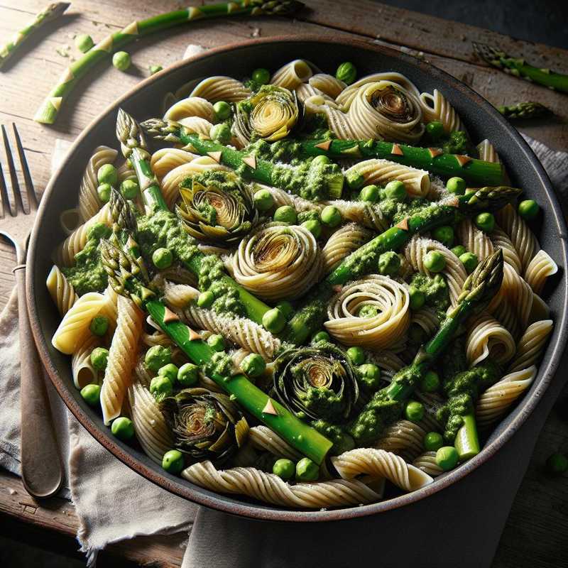 Bigoli agli asparagi, carciofi e pesto di piselli