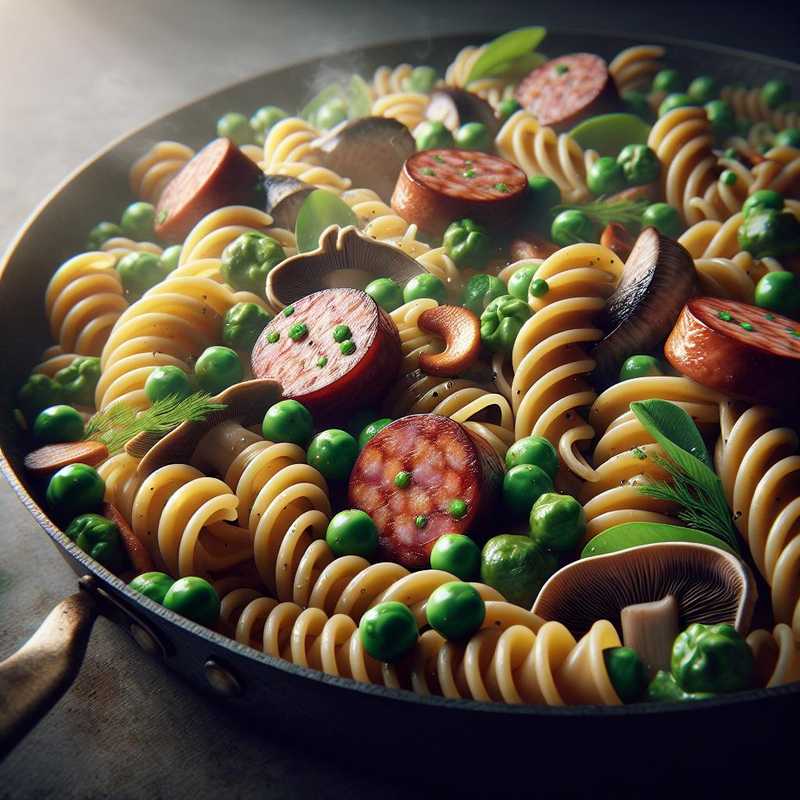 Pasta salsiccia, piselli e funghi