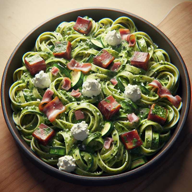 Pasta con pesto di zucchine, ricotta e speck