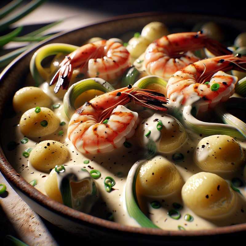 Gnocchi porro e gamberi