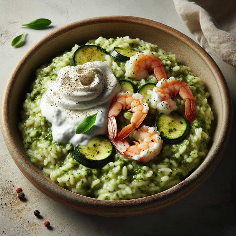 Risotto al pesto di zucchine yogurt e mazzancolle