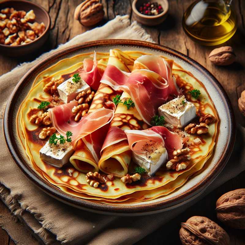 Crepes with ham, brie, and walnuts