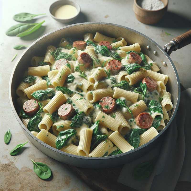 Rigatoni con spinaci, salsiccia e robiola