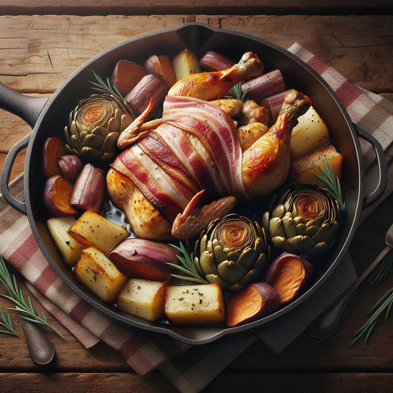 Bacon-Wrapped Chicken with Artichokes and Sweet Potatoes