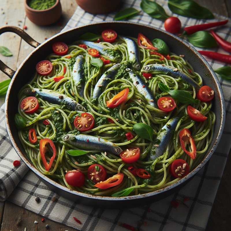 Spaghetti with Pesto, Anchovies, and Bell Peppers