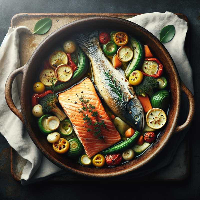 Salmone, coda di rospo e verdure al forno