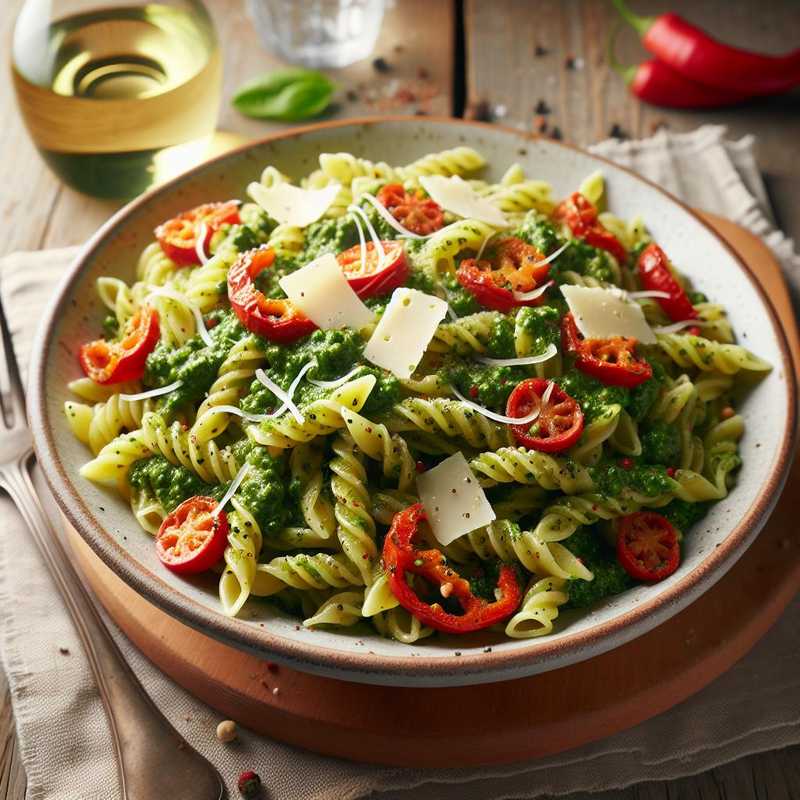 Cold pasta with bell pepper pesto and caciocavallo