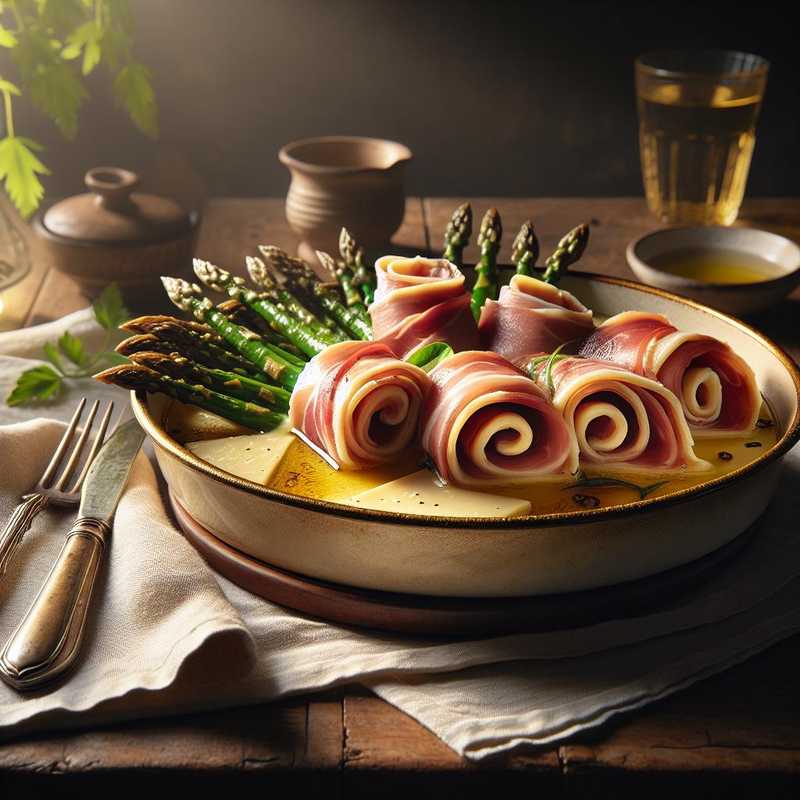 Rotolo rustico di prosciutto cotto, scamorza affumicata e asparagi